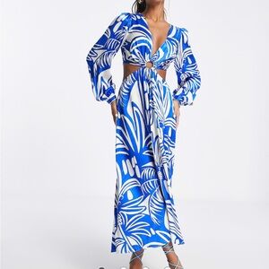 Topshop long sleeve cut out ring detail midi dress in cobalt tropical print